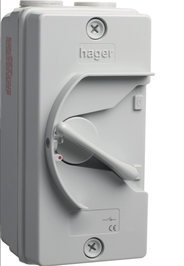 HAGER 32A 4P Weatherproof Isolator, Four Pole 32A Isolator for Secure Power Disconnection, Durable Weather-Resistant Construction for Industrial and Outdoor Use